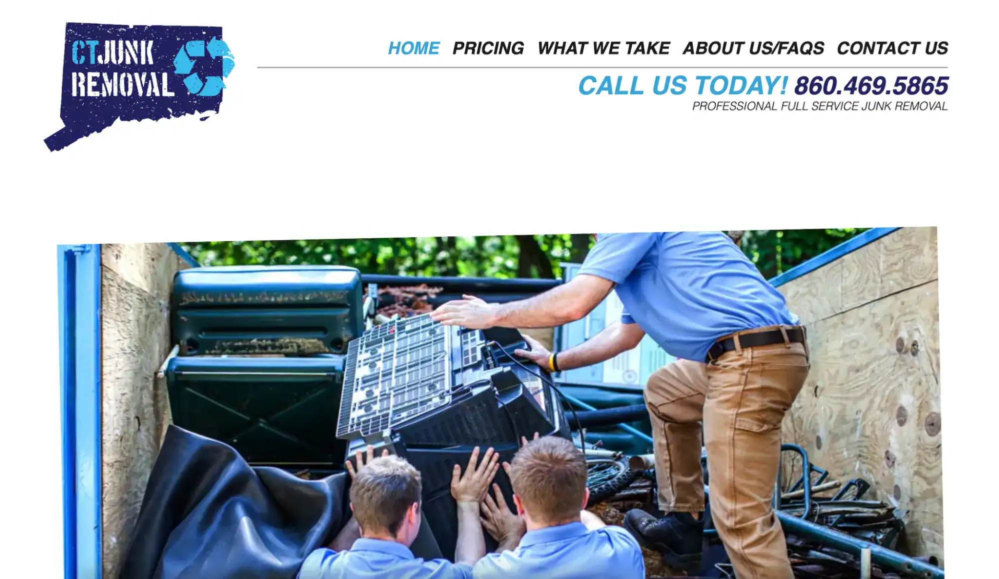 CT Junk Removal homepage showing its services in action.