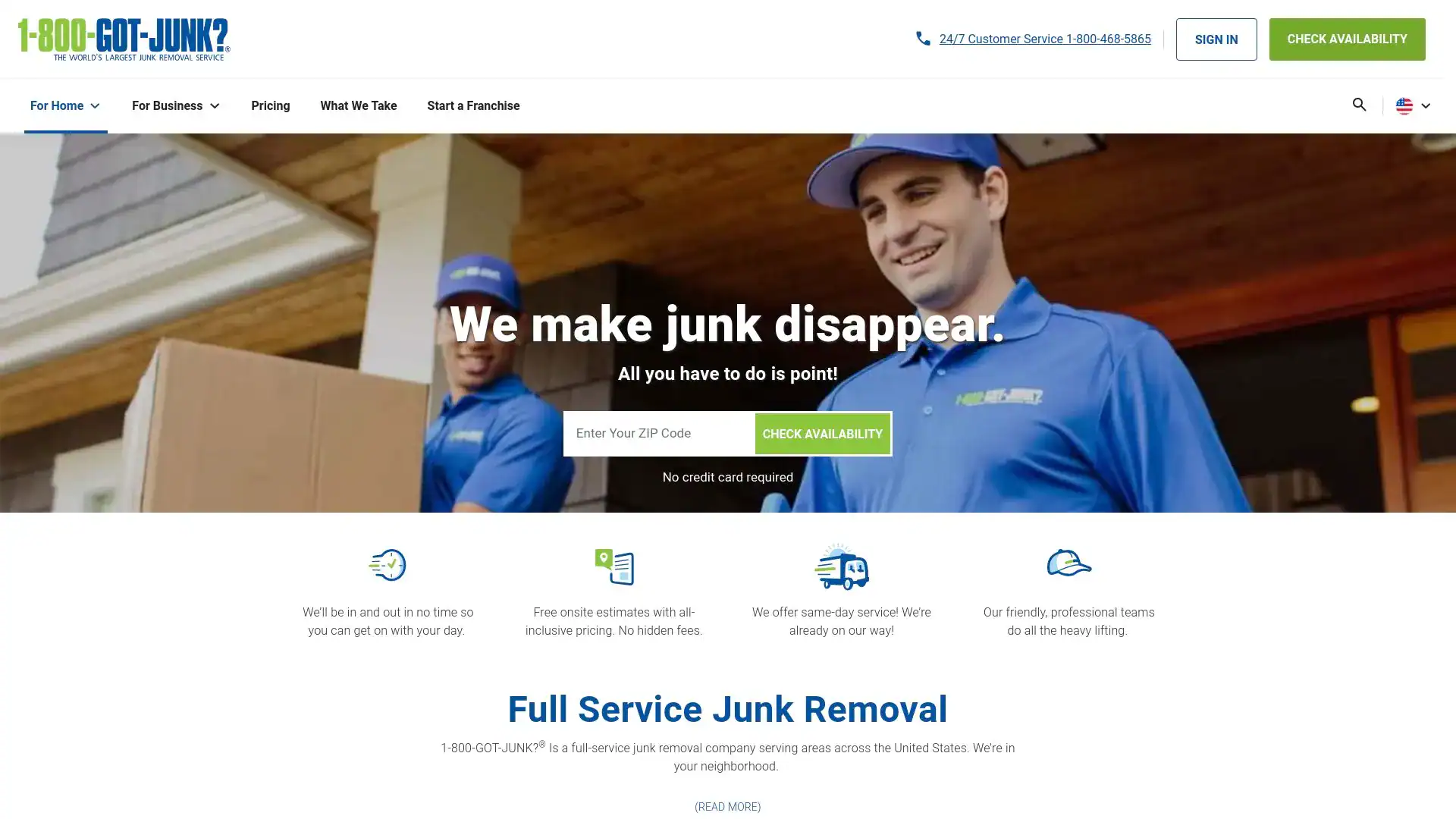 1-800-GOT-JUNK homepage stating that they make “junk disappear.”