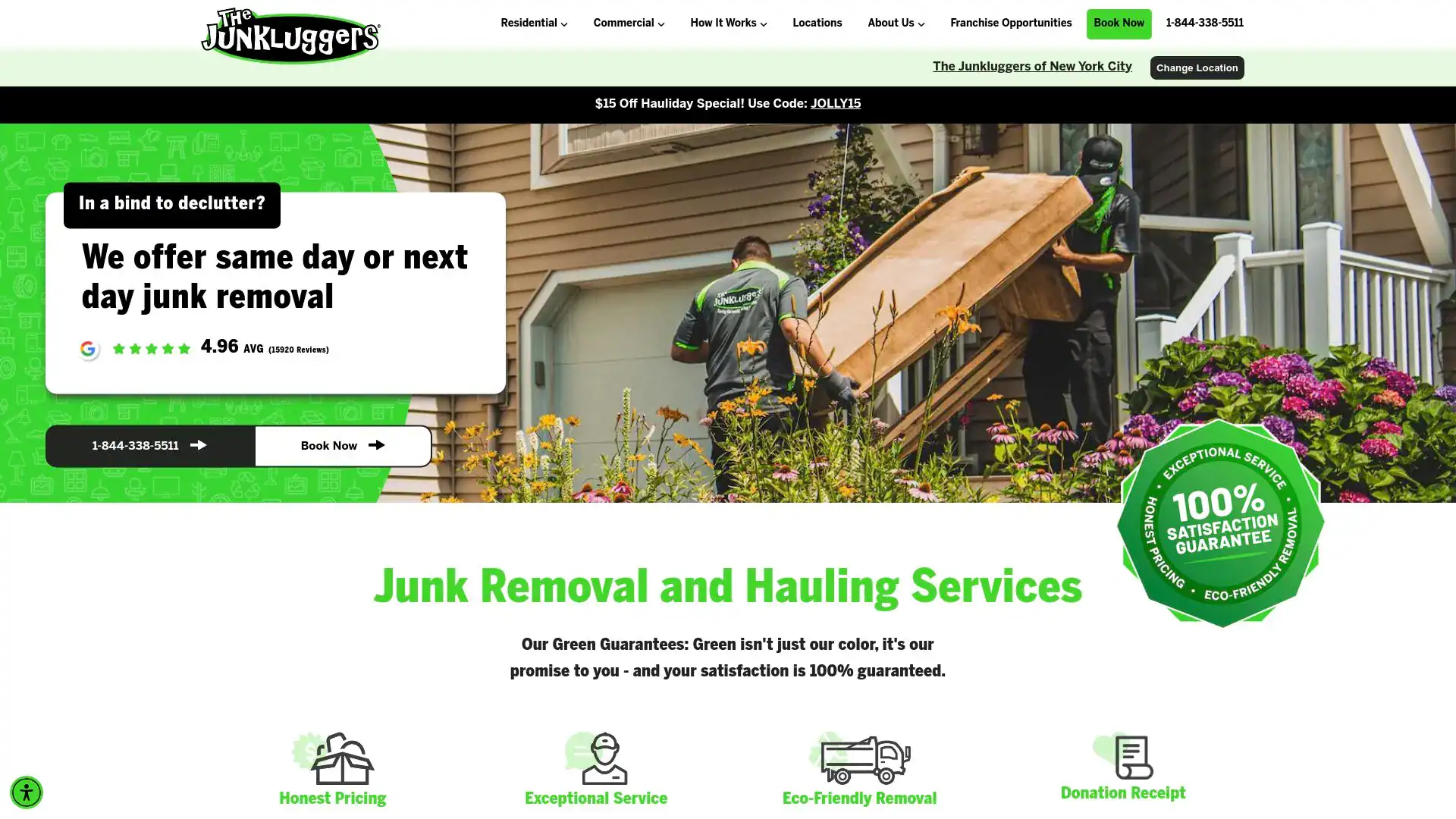 Junkluggers homepage showing its junk removal and hauling services.