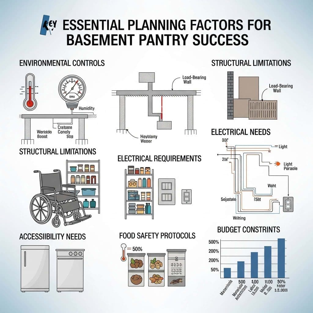  Essential Planning Factors for Basement Pantry Success, environmental controls, structural limitations, accessibility needs, electrical requirements, food safety protocols, and budget constraints.